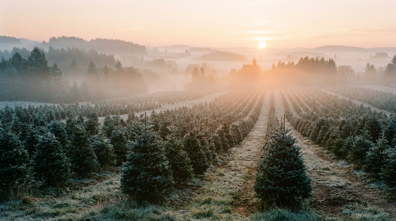 Mist-covered Christmas tree farm at sunrise